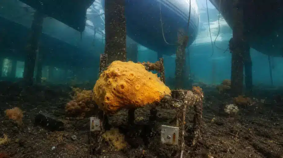 455 jours dans les eaux d’un port espagnol pollué : sur 42 éponges marines immergées, une seule espèce a réellement prospéré