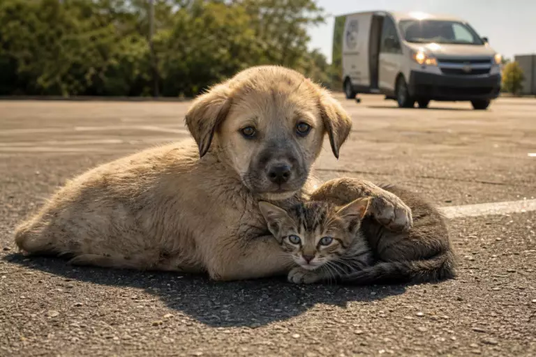 Abandonnés en plein soleil sur un parking, un chiot pose sa patte sur un chaton pour le protéger : la scène qui a bouleversé un refuge