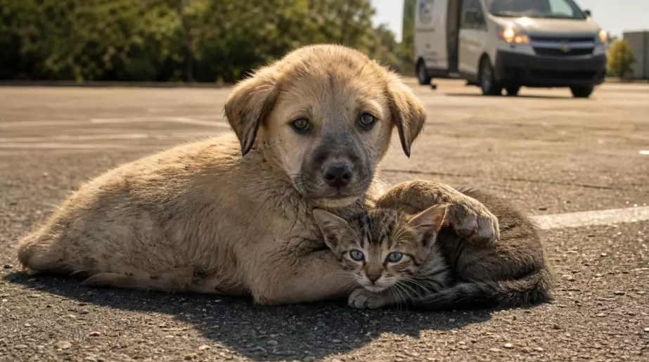 Abandonnés en plein soleil sur un parking, un chiot pose sa patte sur un chaton pour le protéger : la scène qui a bouleversé un refuge