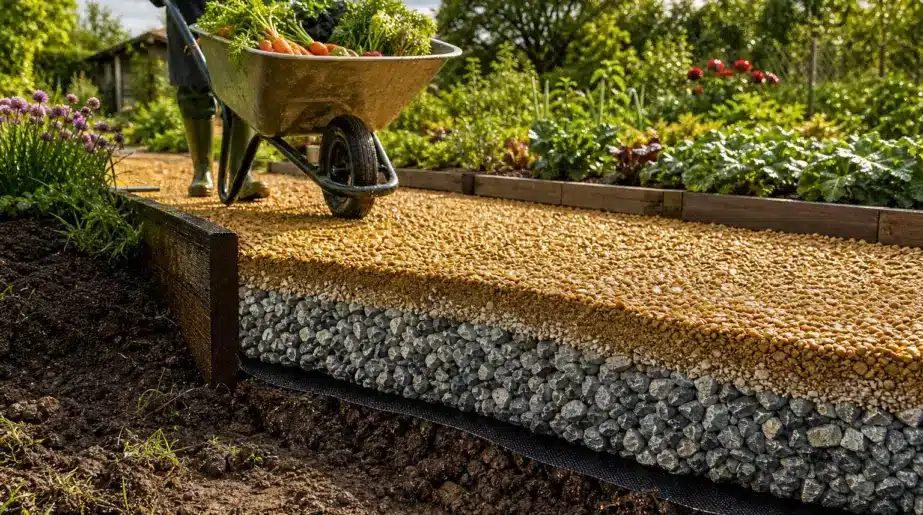 Après deux hivers, cette allée de jardin ne s’affaisse pas : trois couches suffisent sous les roues
