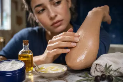 Après quinze minutes sur les coudes, ce soin maison laisse un film protecteur : la prudence reste nécessaire sur le visage