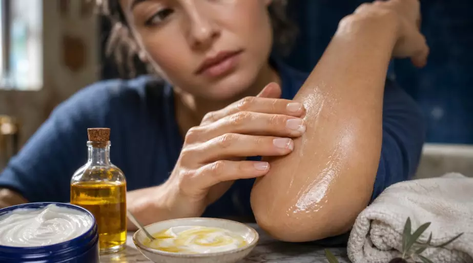 Après quinze minutes sur les coudes, ce soin maison laisse un film protecteur : la prudence reste nécessaire sur le visage