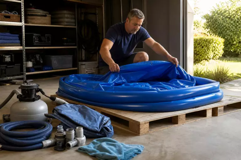 Après six mois au garage, Marc rouvre son bassin d’appoint : cette précaution garde la paroi flexible