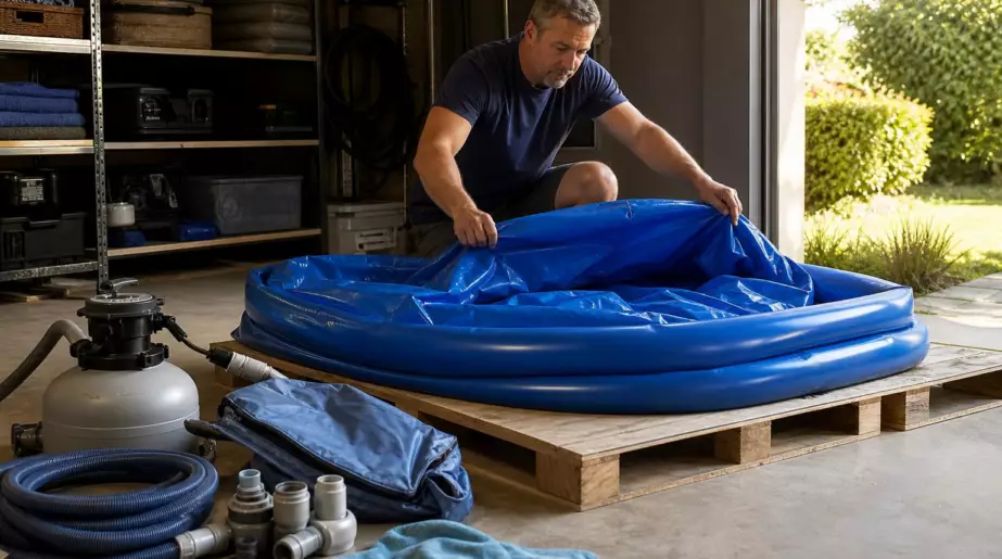 Après six mois au garage, Marc rouvre son bassin d’appoint : cette précaution garde la paroi flexible
