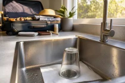 Avant quinze jours d’absence, posez un verre renversé sur la bonde : ce geste évite un retour qui sent l’égout