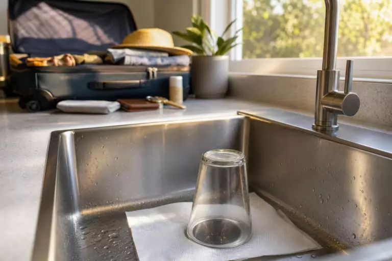 Avant quinze jours d’absence, posez un verre renversé sur la bonde : ce geste évite un retour qui sent l’égout