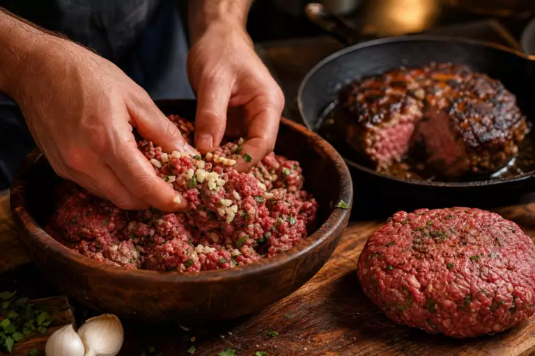 Avec 2 gousses fraîches, ce cuisinier assaisonne le steak haché : son geste préserve un cœur moelleux à la cuisson