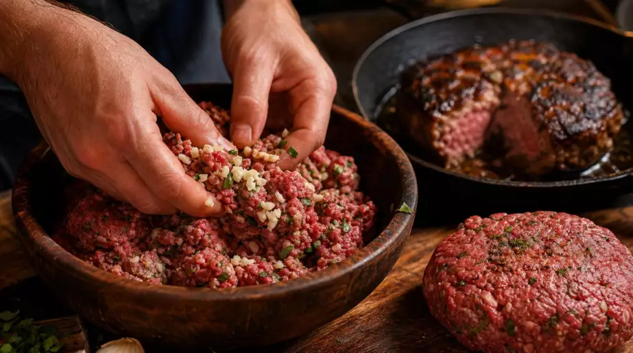 Avec 2 gousses fraîches, ce cuisinier assaisonne le steak haché : son geste préserve un cœur moelleux à la cuisson