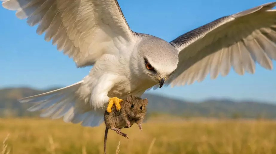 Cette photo virale saisit l’instant précis où un campagnol est emporté par un rapace en plein vol