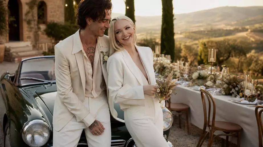 Damiano David et Dove Cameron se sont mariés en Toscane : robe androgyne, costume bohème et voiture vintage pour un oui après deux ans d’amour