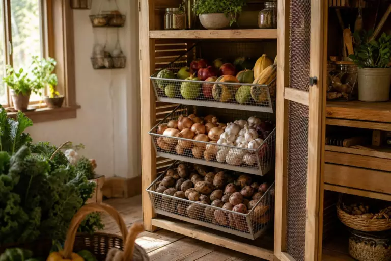 Dans sa cuisine, Claire installe trois tiroirs grillagés : ses récoltes restent saines durant plusieurs semaines