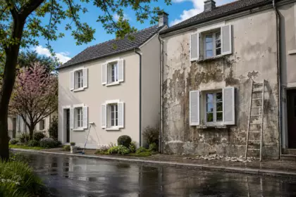 Deux voisins repeignent leur façade avec la même peinture le même mois : au printemps, une seule tient encore