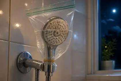 Du calcaire sur le pommeau de douche : l’astuce du sac plastique qui fait le travail pendant la nuit