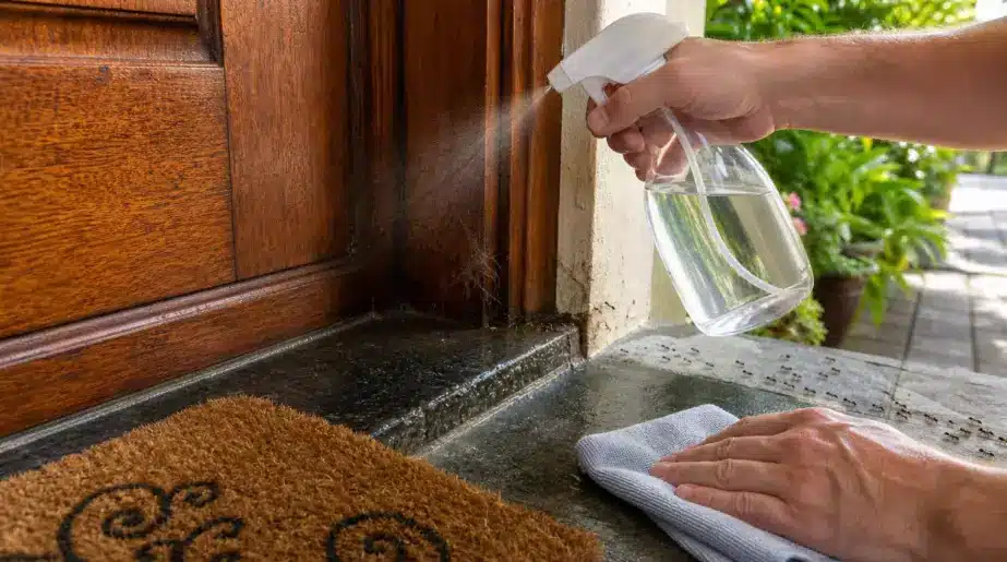 Du vinaigre pulvérisé devant la porte d’entrée : voici ce que ça change vraiment sur les odeurs, les saletés et les insectes