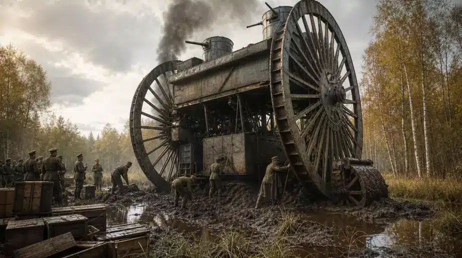 En 1915, la Russie construit un char de 60 tonnes aux roues de 9 mètres : il n’a roulé que quelques dizaines de mètres avant de s’enliser pour toujours