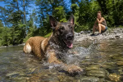 En pleine baignade dans la rivière, ce Berger Belge Malinois surprend sa maîtresse avec une technique insolite pour se rafraîchir