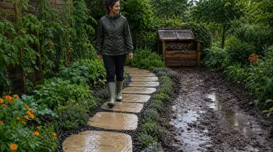 En trois heures, elle aménage un passage dans son jardin devenu impraticable : « Même après la pluie, je peux enfin passer »