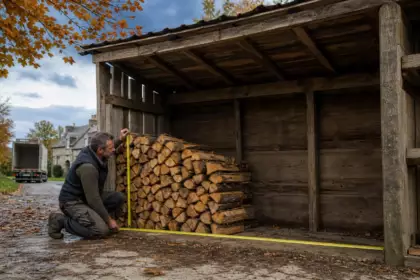 Il fait livrer ses stères de bois coupés en bûches de 33 cm : en mesurant le tas sous l’abri, il comprend pourquoi il manque presque un tiers