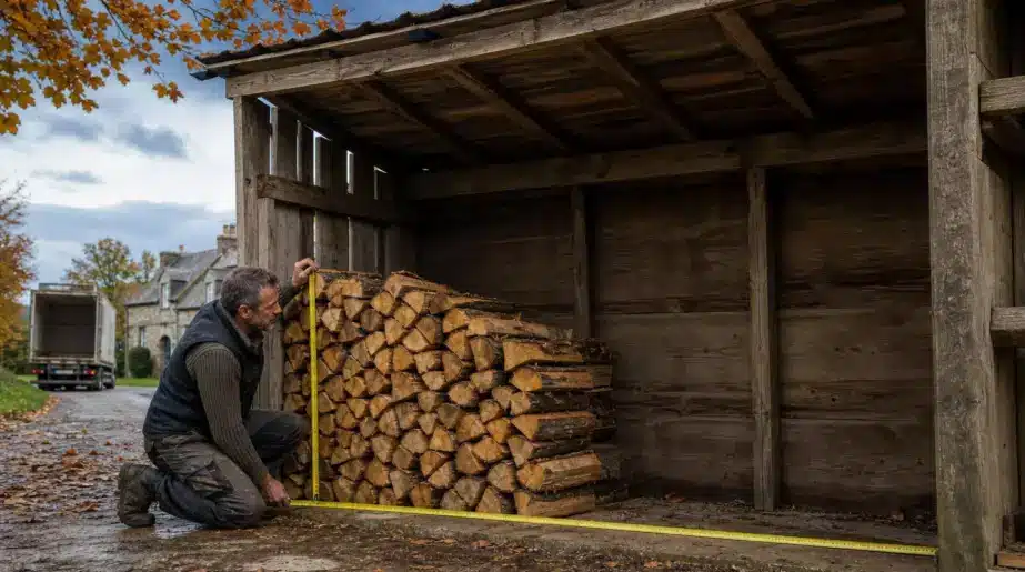 Il fait livrer ses stères de bois coupés en bûches de 33 cm : en mesurant le tas sous l’abri, il comprend pourquoi il manque presque un tiers