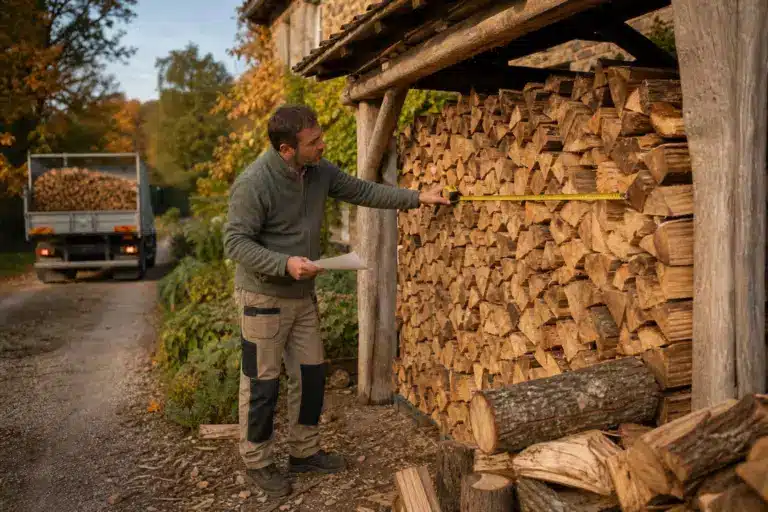 Il fait livrer ses stères de bois en bûches de 33 cm : en mesurant le tas sous l’abri, il constate qu’il manque presque un tiers de ce qu’il a payé