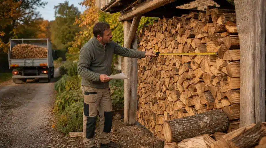 Il fait livrer ses stères de bois en bûches de 33 cm : en mesurant le tas sous l’abri, il constate qu’il manque presque un tiers de ce qu’il a payé