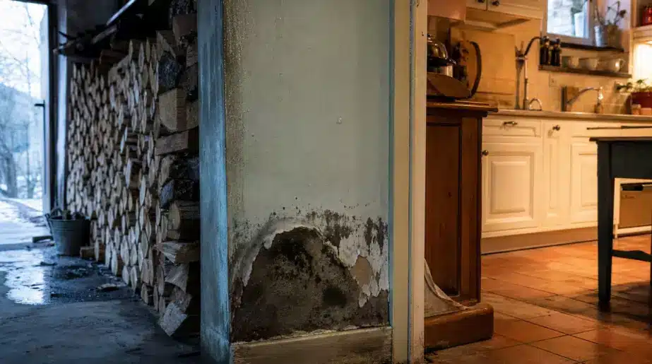 Il range ses stères de bois bien au sec dans le garage pour l’hiver : trois mois plus tard, l’humidité s’attaque au mur de la cuisine