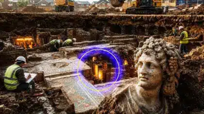 Vestiges de thermes romains dégagés sur un chantier : murs de briques et sol sur colonnettes d'hypocauste.