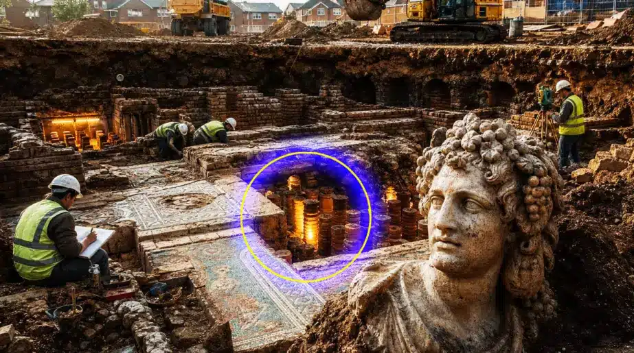 Vestiges de thermes romains dégagés sur un chantier : murs de briques et sol sur colonnettes d'hypocauste.