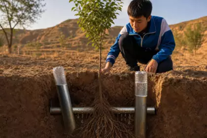 Jia, 14 ans, teste ses tubes enterrés dans le nord chinois : ils alimentent les racines sans prise électrique