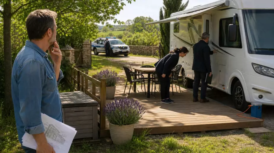 Karim pose une terrasse en bois autour de son camping-car : huit mois plus tard, deux agents de la mairie sonnent à son terrain