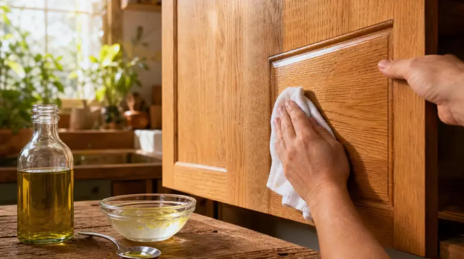 « Les mélanges les plus simples cachent parfois les meilleures solutions » : Le remède efficace pour entretenir votre cuisine en bois : mélanger de l’huile d’olive avec 6 cuillères de vinaigre blanc