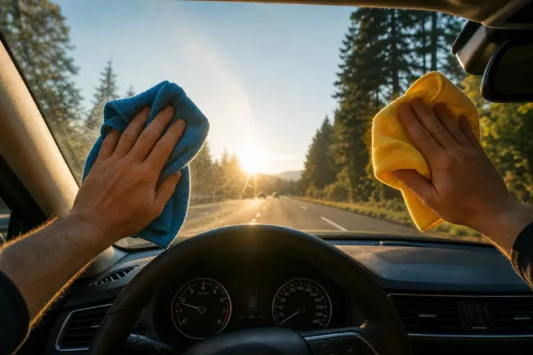 Nettoyez votre pare-brise intérieur avec deux chiffons séparés : ce détail évite les halos au soleil