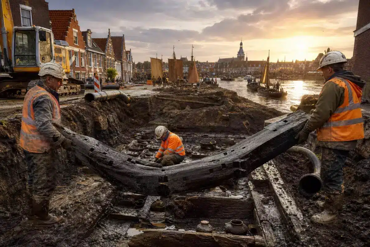 Sur un chantier aux Pays-Bas, une poutre de 3,20 mètres réapparaît : elle pourrait éclairer un grand port médiéval