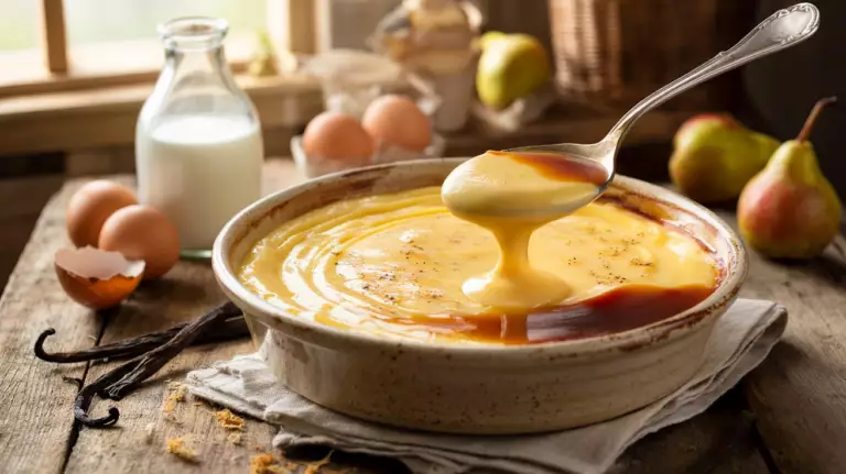 Trois ingrédients, une seule saladier et le four fait le reste : le flan pâtissier maison qui n’a rien à envier à celui de la boulangerie