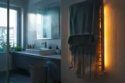 Trois serviettes sur le sèche-serviettes : au bout de 24 heures, l’humidité s’installe dans toute la salle de bains