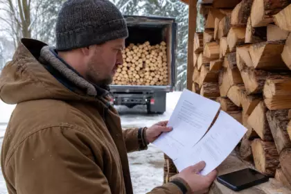 Un acheteur vérifie deux documents avant de payer son bois : cette précaution déjoue les fausses livraisons