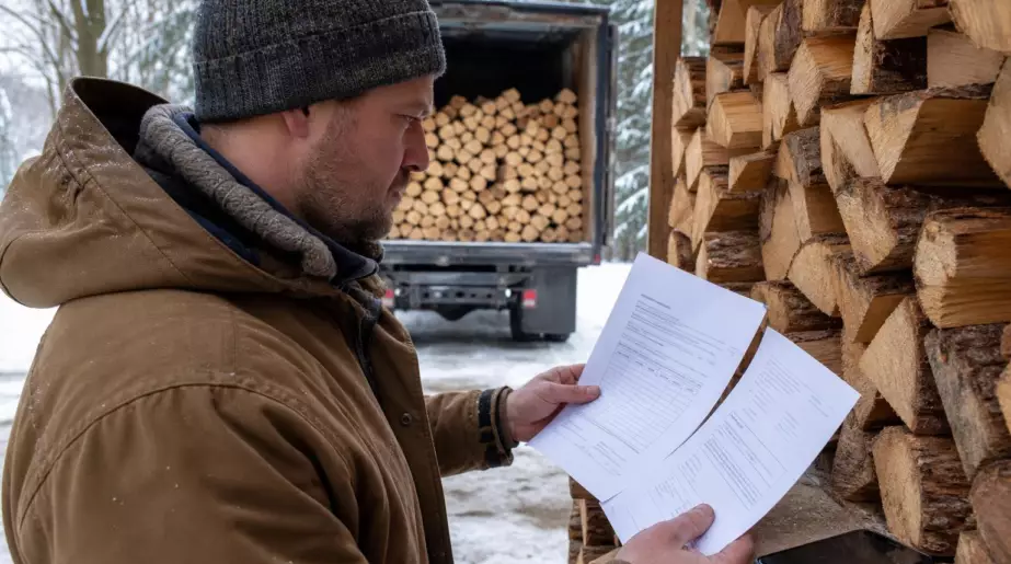 Un acheteur vérifie deux documents avant de payer son bois : cette précaution déjoue les fausses livraisons