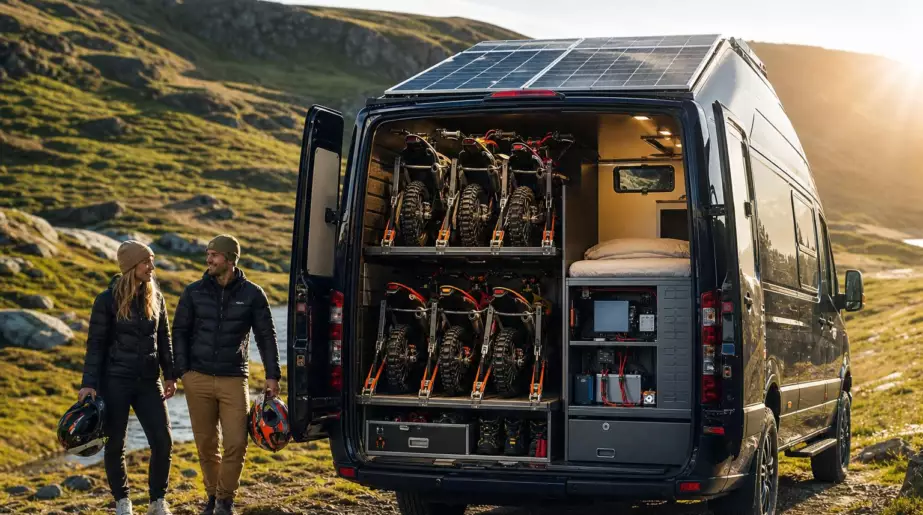 Un couple range six motos sur moins de dix mètres carrés : son fourgon produit aussi son énergie