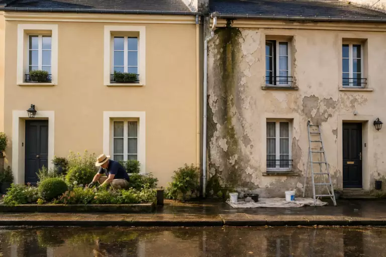 Un seul n’aura rien à remettre en état au printemps : deux propriétaires de la même rue repeignent leur façade dans la même teinte le même mois