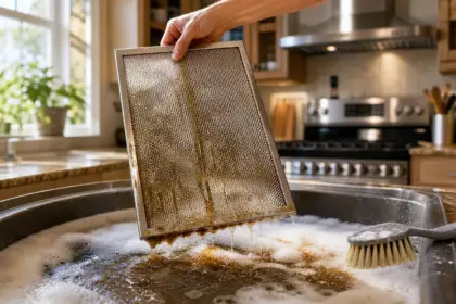 Une hotte de cuisine grasse : le bain de 15 minutes qui dissout la graisse des filtres