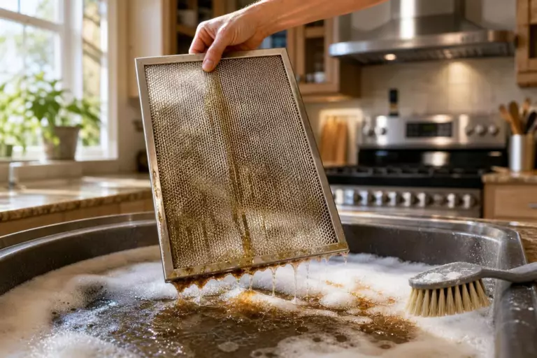 Une hotte de cuisine grasse : le bain de 15 minutes qui dissout la graisse des filtres