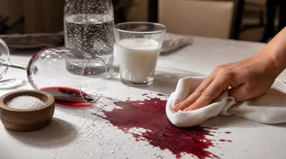 Une tache de vin rouge sur la nappe : sel, eau gazeuse ou lait, ce qui marche vraiment